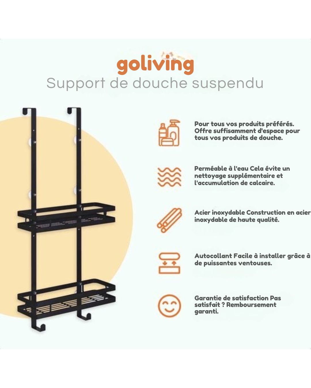 Goliving Support de douche - Support de douche sans perçage - 74 x 35 cm - Support de douche suspendu - acier inoxydable - Deux couches - Noir