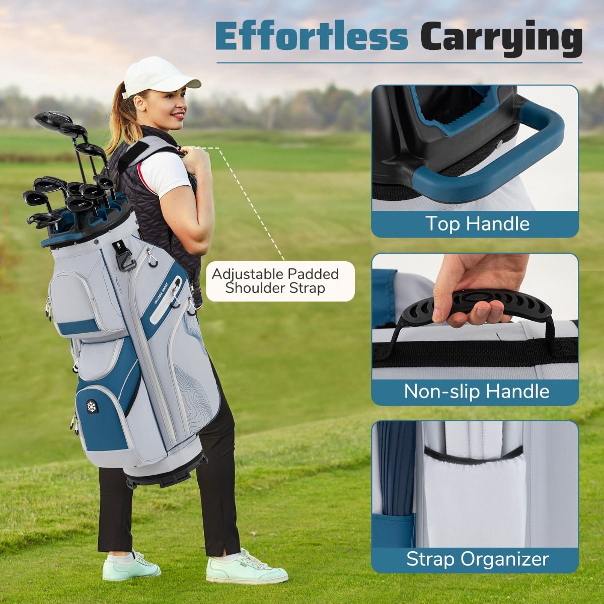 Sac de golf Coast avec 14 compartiments, 11 poches, sangle de transport et housse de pluie - Sac léger pour chariot de golf - 34x24x90.5 cm - Bleu marine