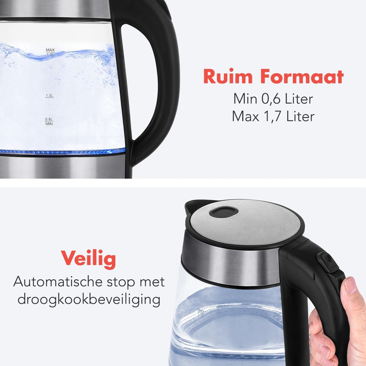 Bouilloire électrique - KitchenBrothers - 1,7L - 2200W - Verre - Acier Inoxydable