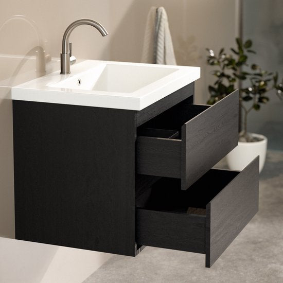 Meuble de salle de bains Mirlux en chêne noir 60 cm - Lavabo blanc - Ensemble de meubles de salle de bains - Meuble-lavabo en chêne noir