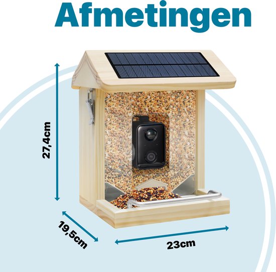 BOME - Mangeoire à oiseaux - Caméra et audio - Reconnaissance des oiseaux - Bois - Double panneau solaire - Suspension