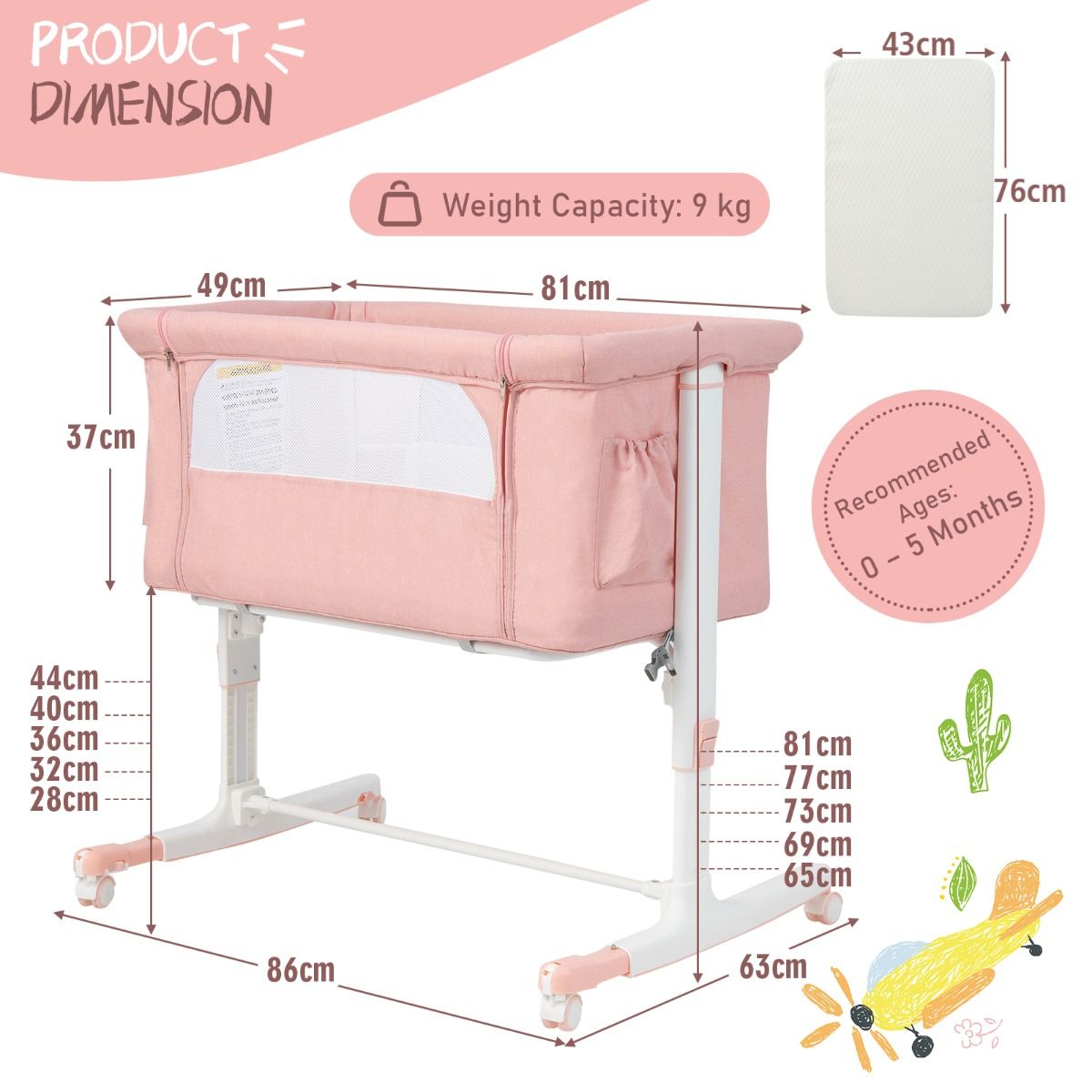Berceau 3-en-1 Coast - 86x63x65-81 cm - Rose - Ajustable, inclinable et portable avec matelas, sac de rangement et sac de voyage
