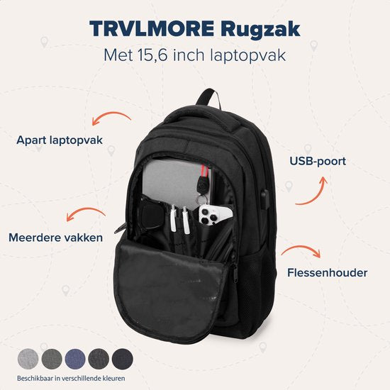 TRVLMORE Sac à dos avec durée de vie - Sac à dos avec compartiment pour ordinateur portable de 15,6 pouces - Cartable - Résistant aux éclaboussures - Hommes et femmes - Garçons et filles - 28L - Noir