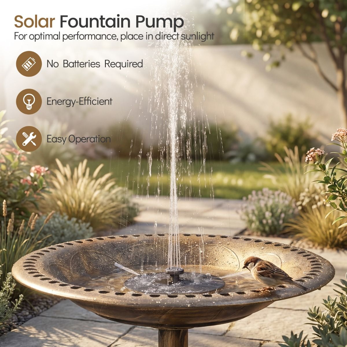 Bain d'oiseaux Coast avec fontaine à énergie solaire - Mangeoire d'extérieur rétro 2-en-1 - 50 x 50 x 72 cm - Bronze