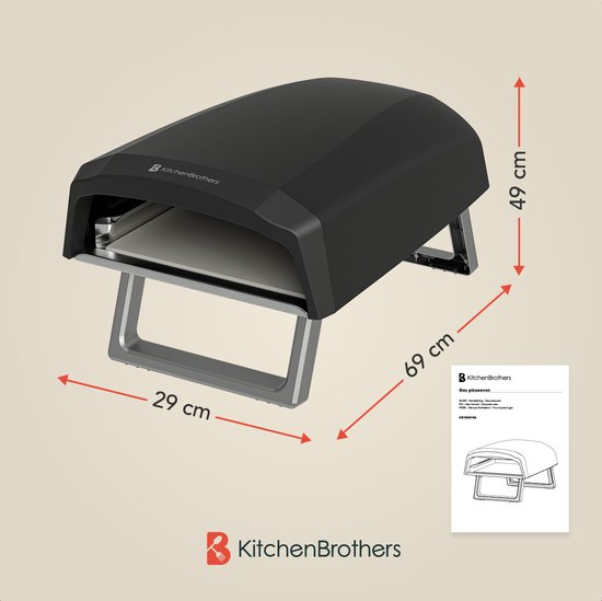 Four à Pizza - KitchenBrothers - Gaz - Pliable - Pierre à Pizza - Double Brûleur - Four pour l'extérieur - Noir/Gris