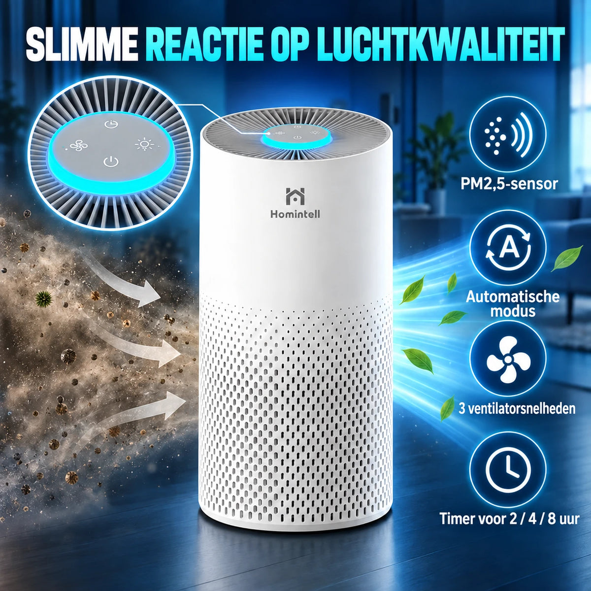 Purificateur d'air Homintell Kilo - HEPA H11 et charbon actif - 130 m³/h - 16 m² - 3 vitesses - Capteur PM2,5 - Commande tactile - 195 × 195 × 388 mm