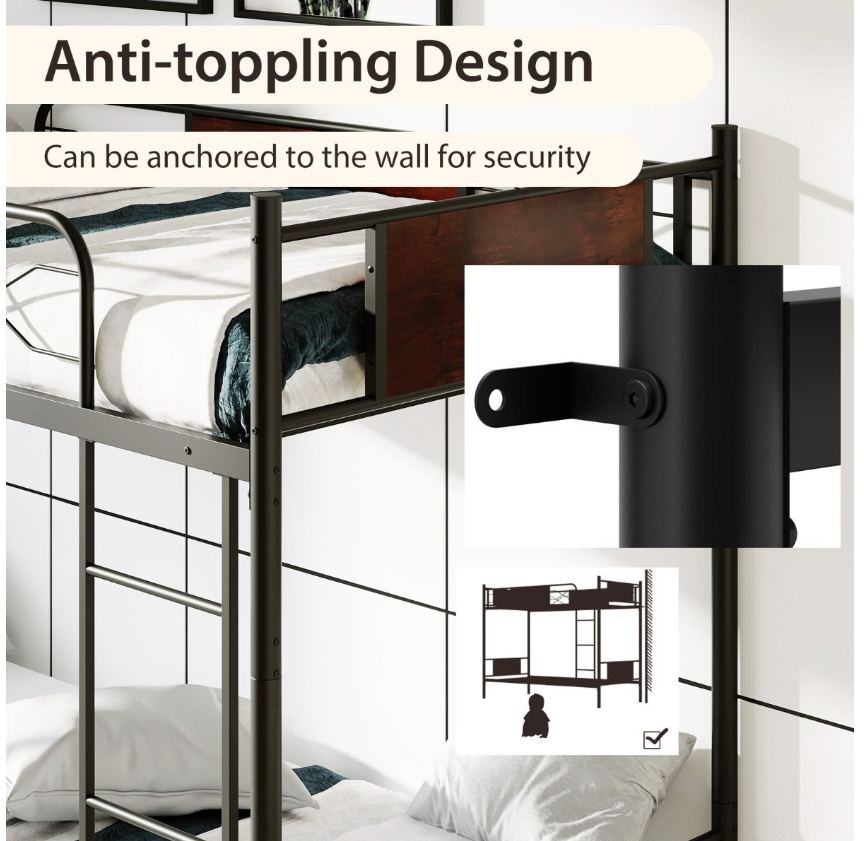 Coast - Cadre de lit superposé en métal - 2 en 1, aspect bois et barre de sécurité de 30 cm - L 198 x l 95 x H 156 cm - Métal/MDF - Noir/Marron