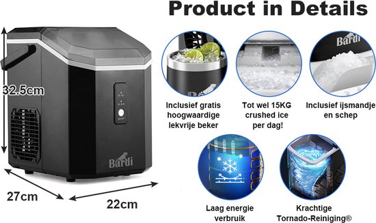 Bardi 1,1 L - Machine à glaçons « Nugget Ice Machine Square » - Machine à glace pilée avec cuillère à glace - 15 kg/24 heures - Machine à glaçons - Avec gobelet isotherme de luxe - Noir