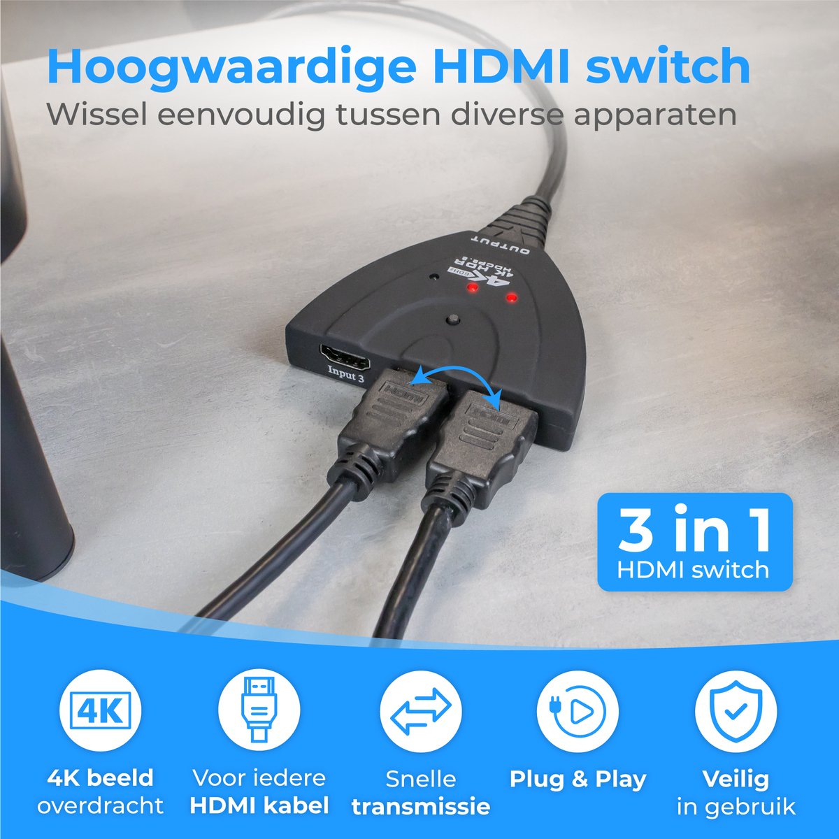 Commutateur HDMI Nuvance - 3 entrées, support 4K 60Hz - 60 cm - Noir