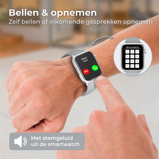 Nuvance - Smartwatch Hommes et Femmes avec Bluetooth - 45mm - Convient à tous les Smartphones - Podomètre et moniteur de fréquence cardiaque - Étanche - Gris