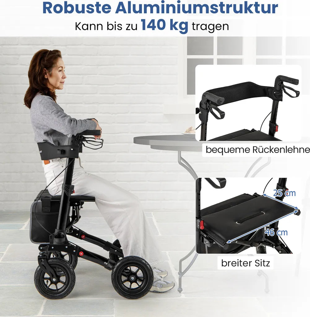 Déambulateur pliable Coast noir - Déambulateur de voyage 2 en 1 avec siège et pneus - 62 x 82 x 81,5-97 cm