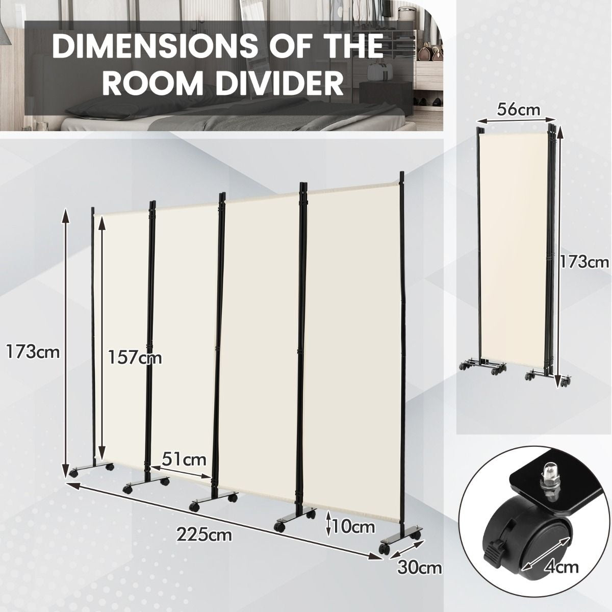 Coast cloison - 4 pièces - sur roulettes - pliable - 225 x 173 cm - blanc
