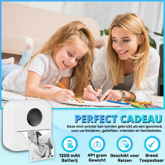 Mini imprimante pour mobile - 6 rouleaux de papier, 5 rouleaux d'autocollants, 3 rouleaux de couleur et stylos de couleur inclus - Imprimante mobile de poche - Sans encre - Sans fil - Blanc