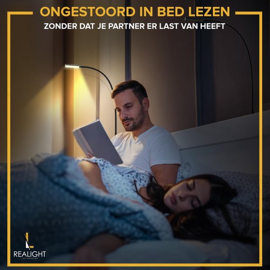 Lampe de lecture LED Realight pour lit, lot de 2 - 58 cm - Noir - Lampe de chevet à intensité réglable avec commande tactile et cordon de 2,5 mètres