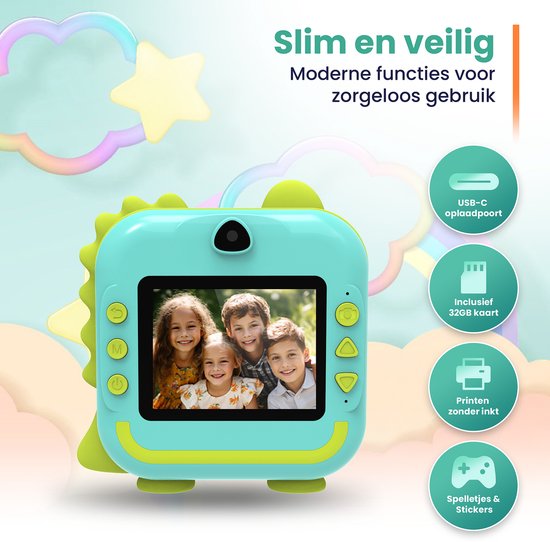 ODESSEY Caméra pour enfants avec imprimante - Full HD - Caméra Selfie - Carte SD 32GB - Photo - Vidéo - Jeux - Caméra numérique pour enfants - Caméra photo pour enfants - Dino