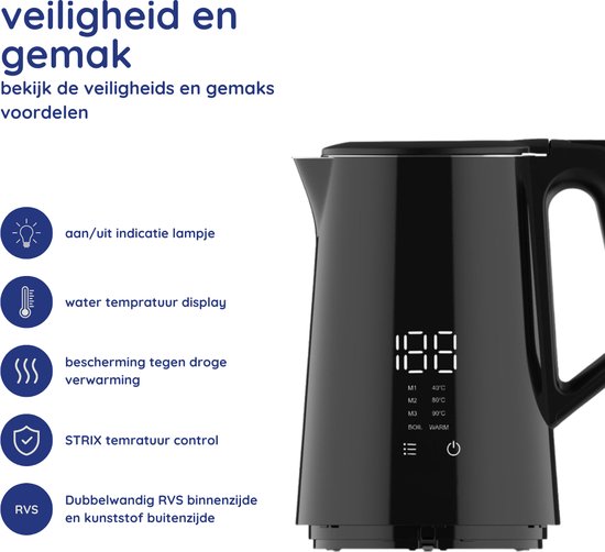 Bouilloire intelligente Safecourt Kitchen - Fonction maintien au chaud - 5 niveaux de température - 1,7 L - Noir