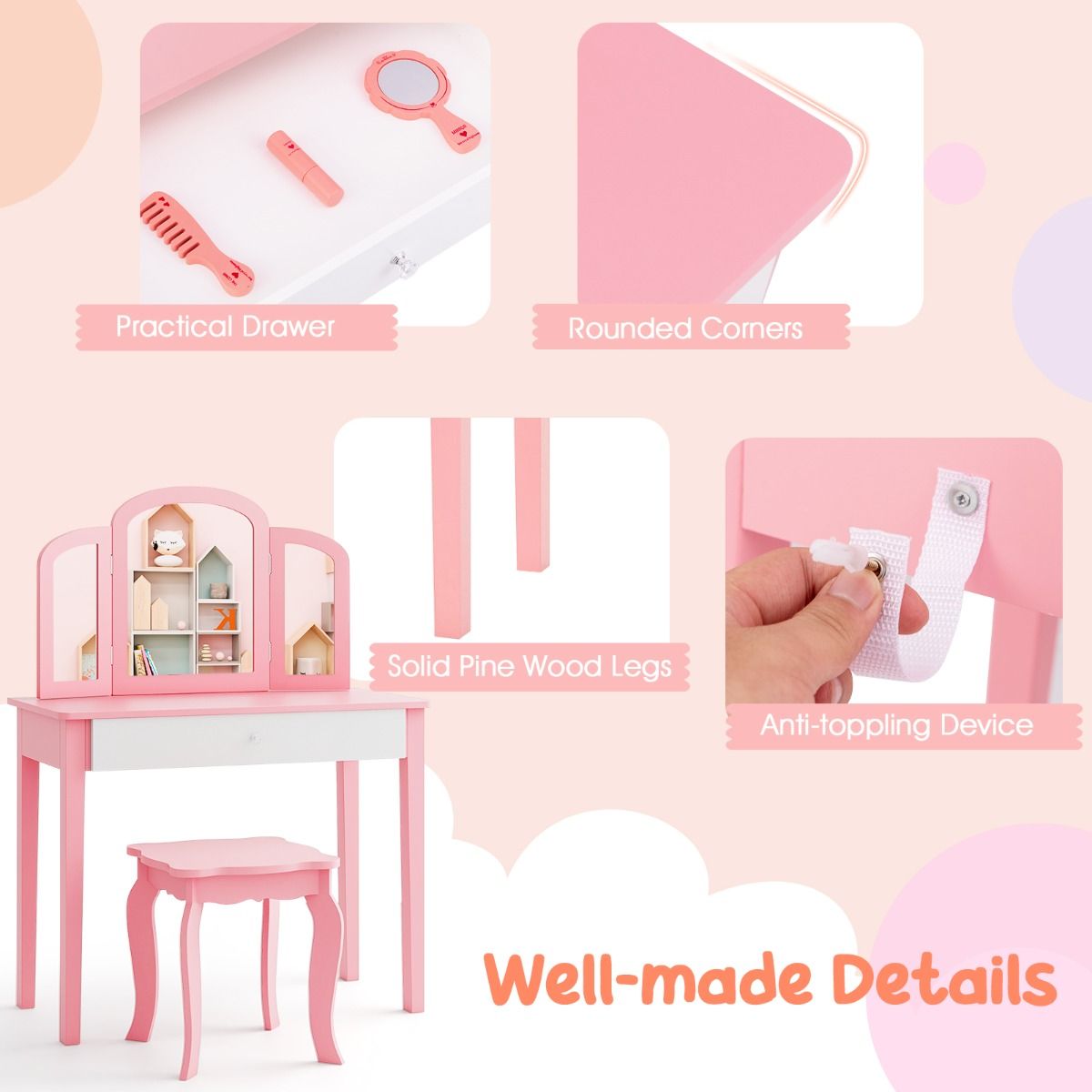 Coast Children's Dressing Table Set Pink - 70x34x95 cm Table avec tabouret et miroir pliant 3 pièces