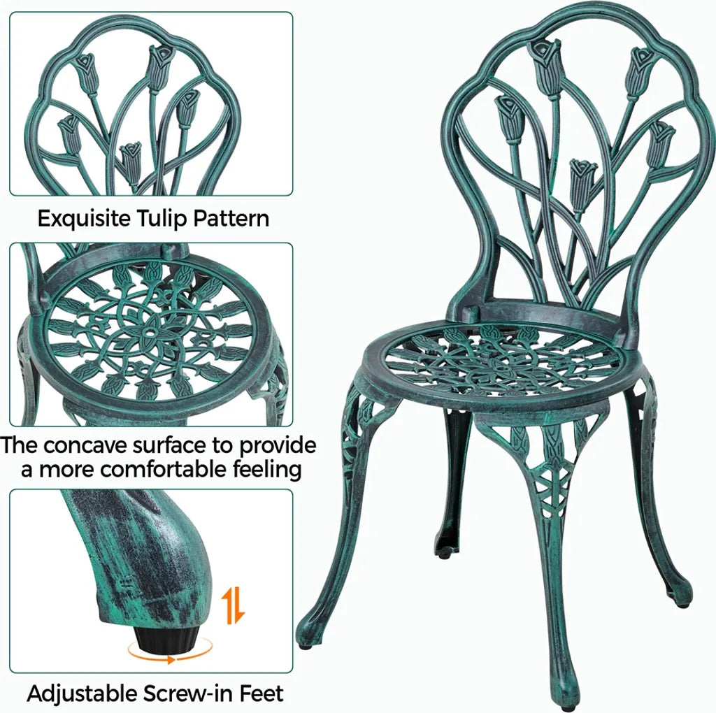 Ensemble de jardin Yaheetech 3 pièces style bistrot - Vert - Ensemble de jardin en aluminium comprenant 2 chaises et une table avec trou pour parasol