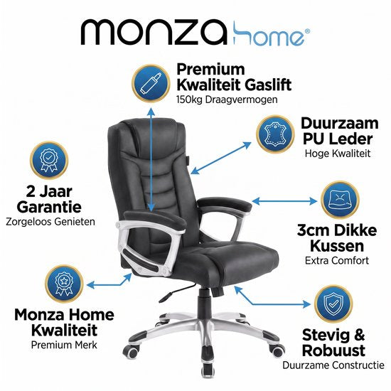 Fauteuil de bureau Monza Home® noir – Fauteuil de bureau ergonomique – Cuir PU – Réglable – Capacité de charge de 150 kg – Fauteuil de direction haut de gamme