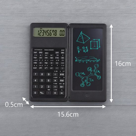Tech Essentials® Calculatrice scientifique avec bloc-notes numérique et stylo - Noir - Graphique - Grand - Grandes touches - Bureau - École - Étude - Étudiants - Bureau - Écriture - Bloc-notes