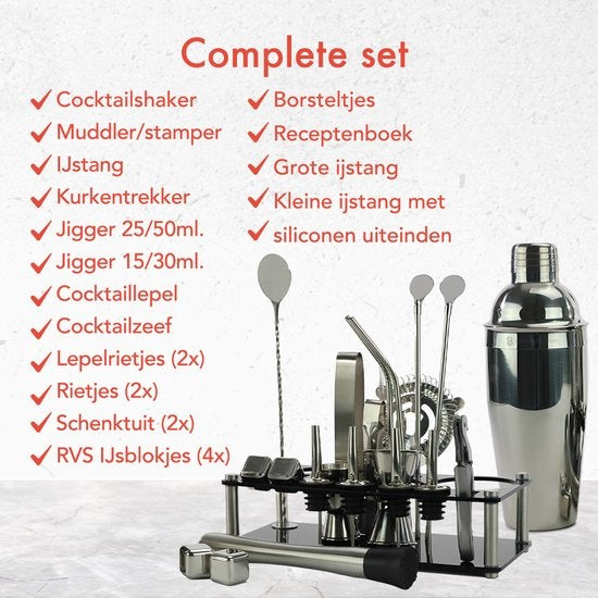 KitchenBrothers Set de cocktails avec shaker - 24 pièces - Set complet - Emballage cadeau - Noir/Acrylique