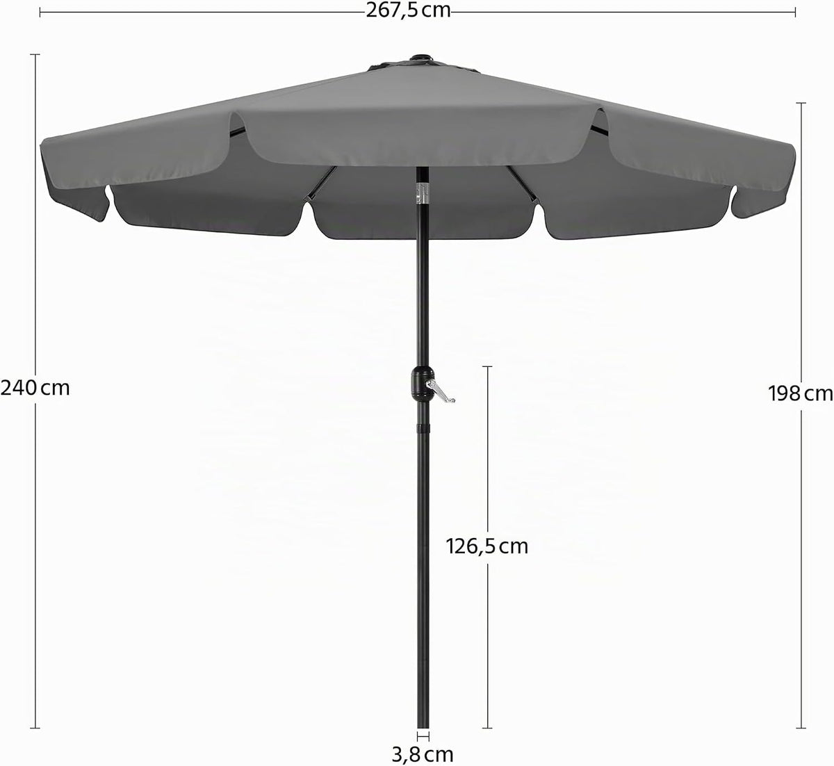 Parasol de jardin 268 cm avec fonction d'inclinaison, manivelle et 8 baleines, gris