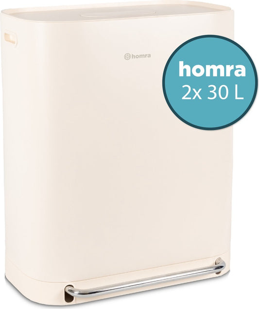 Poubelle Homra Rockx 60 Litres - Duo Poubelle à Pédale 2 x 30L avec Filtre à Odeurs - Poubelle de Tri en Inox à 2 Compartiments - Poubelle de Recyclage - Poubelle de Cuisine pour le Tri des Déchets - Double Poubelle Blanc Crème