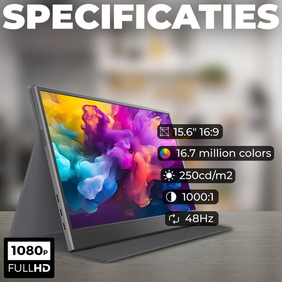 Moniteur portable Denver - Full HD - 15,6" - Moniteur portable - Étui en cuir - HDMI - USB-C - PMO15604