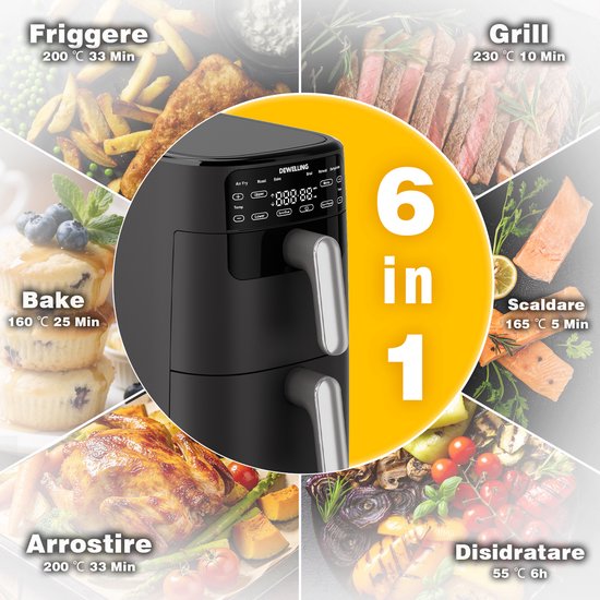 Friteuse à air chaud à double tiroir - 2 700 W : friture sans graisse et puissante - Friteuse à air chaud de 10 L avec double tiroir et structure verticale permettant de gagner 50 % d'espace - 6 programmes - Grande capacité pour un usage domestique - Livr