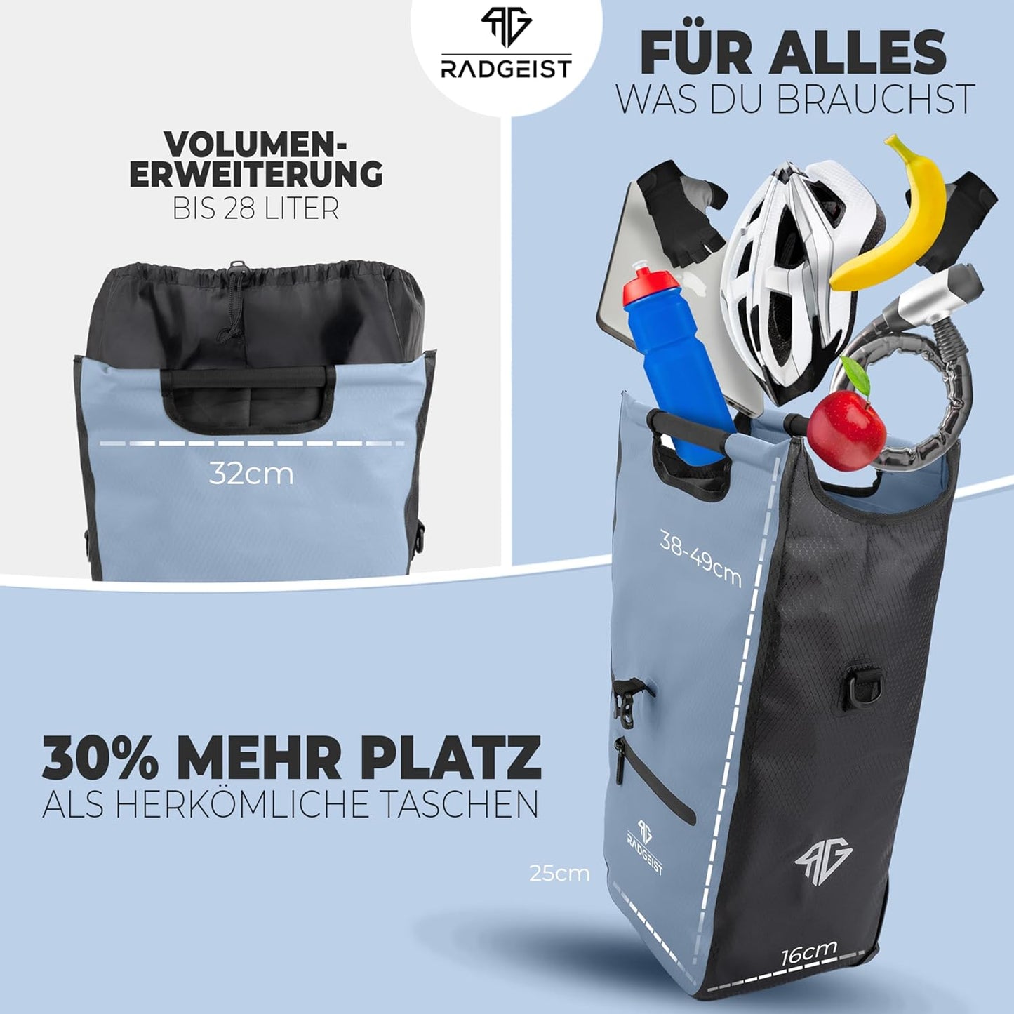 RADGEIST sacoche vélo pour porteur I sacoche vélo shopper avec sac isotherme amovible I sac shopping & sac shopping 22-28 litres - bleu