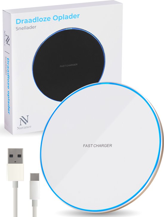 Nuvance - Chargeur sans fil 15W - Câble inclus - Chargeur sans fil - Chargeur rapide - Convient à tous les smartphones Qi - Blanc et or