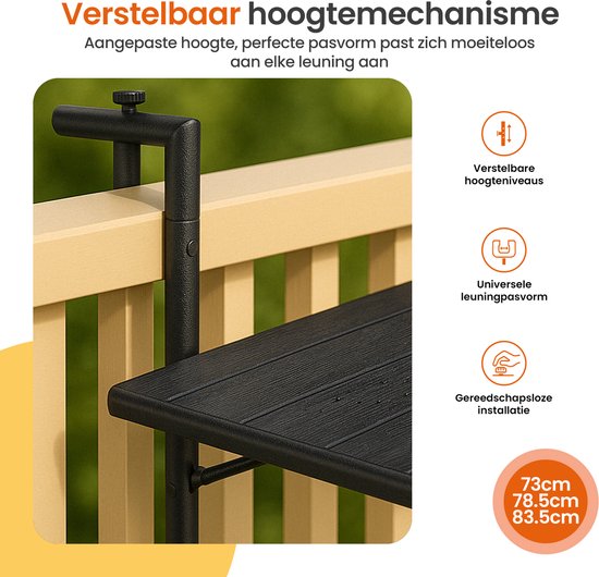 Goliving Table de balcon - Pliante - Suspendue - 60 x 40 cm - Réglable en 3 hauteurs - Résiste aux intempéries - 2 porte-gobelets - Noir