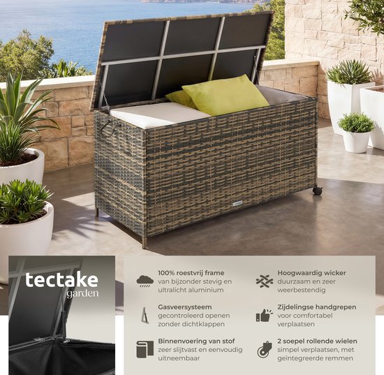 Boîte de rangement en osier tectake® - 253 L - Boîte à coussins d'extérieur - Coffre de jardin - 116 x 54 x 64 cm - Résistant aux intempéries et verrouillable avec couvercle - Mobile - Comprend 2 poignées, 2 roues avec frein et ressorts à gaz - Coffre de