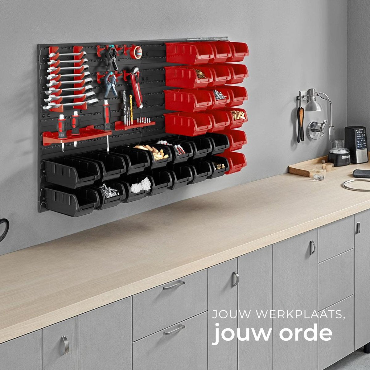 tectake mur d'outils d'atelier - 96x17x54 cm - Noir/Rouge - 28 Bacs de rangement et supports muraux