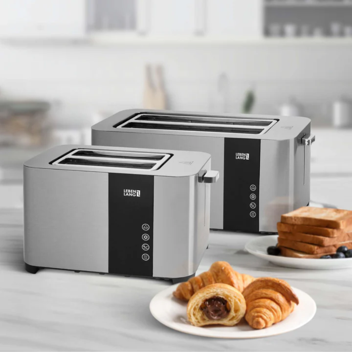 LEBENLANG - Grille-pain à fente longue - 4 tranches avec accessoire sandwich - Ecran tactile LED - 7 modes de brunissement - 1400 W