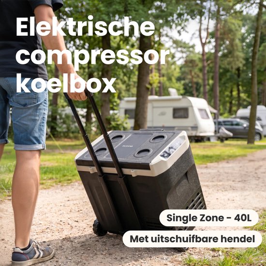 Auronic Electric Cool Box - Compresseur - 40L - 12V et 240 volts - Réfrigérateur de camping - Frigobox Car - Avec roues et poignée - Noir