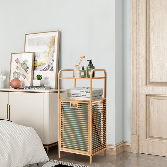 Meuble de salle de bains Coast 40,5 x 33 x 95,5 cm - Panier à linge à bascule - 2 étagères de rangement - Bambou/Toile
