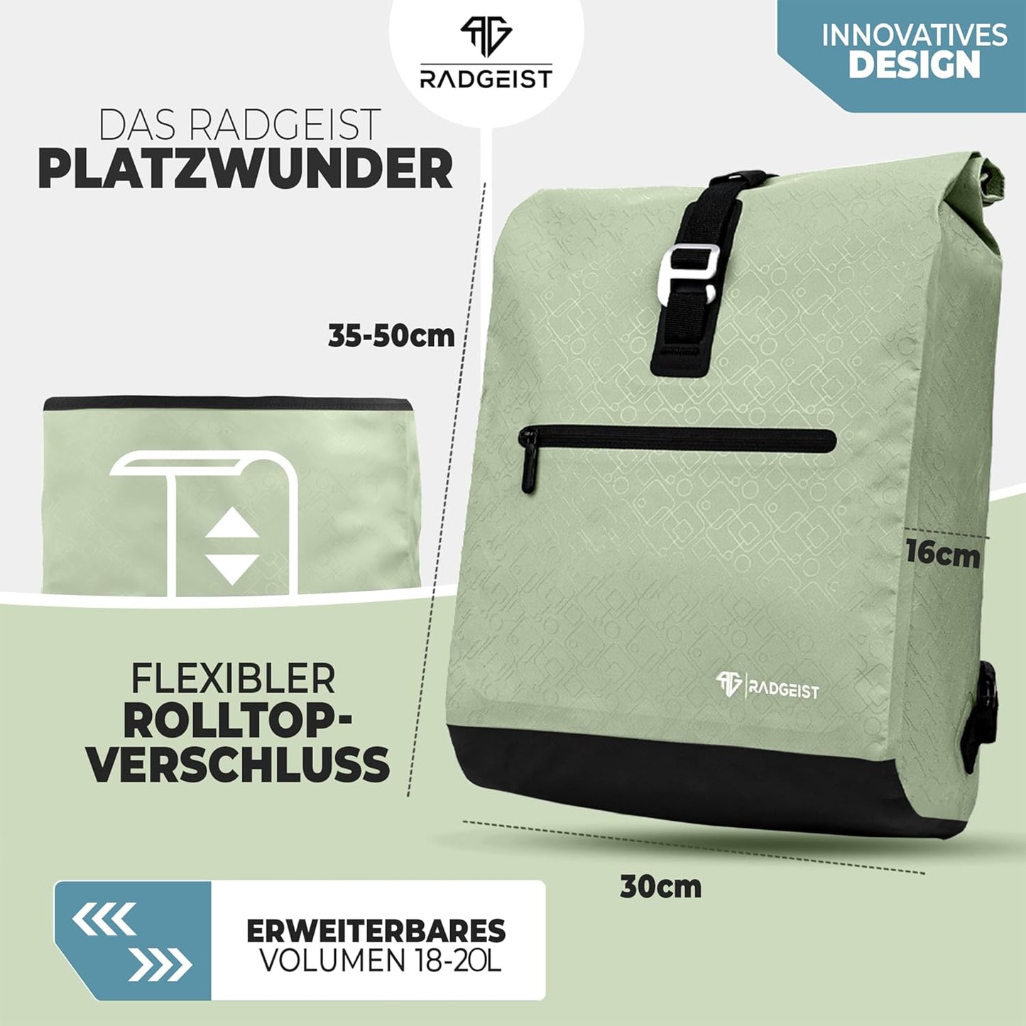 RADGEIST sac à vélo pour porteur I sac à vélo & sac à dos I sac à vélo pour femmes & hommes I sac à bandoulière & sac à vélo pour vélo 20L Mint
