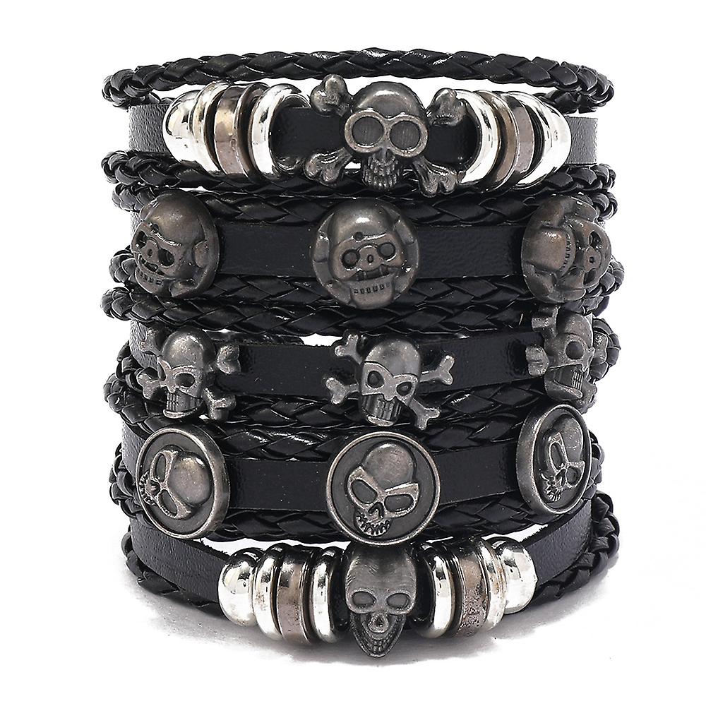Bracelet homme Viking en cuir noir - ensemble multicouche tissé à la main - détails tête de mort - 22-24 cm