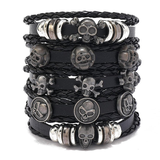 Bracelet homme Viking en cuir noir - ensemble multicouche tissé à la main - détails tête de mort - 22-24 cm