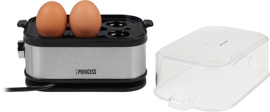 Cuiseur à œufs Princess 262046 – pour 1 à 6 œufs – 400 W – acier inoxydable – cuisson dure, molle et moyenne – minuterie – avec gobelet doseur et pic à œufs