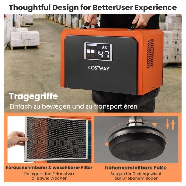 Coast Construction Dryer Orange - Déshumidificateur industriel 60L par jour avec tuyau d'évacuation et minuterie 24 heures - 49 x 31.5 x 32 cm
