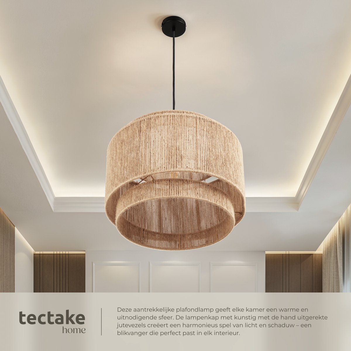 tectake® Plafonnier Lignea Lux - Lampe pendante Boho - Jute Nature - Ø46 x 32 cm - 40W