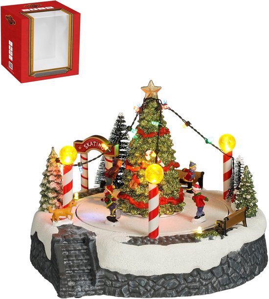 Luville Village de Noël avec scène de sapin et patinoire - Décoration de Noël avec figurines animées et éclairage LED - Guirlande à piles - Guirlandes de Noël d'intérieur - 22 x 22 x 18,5 cm - Blanc