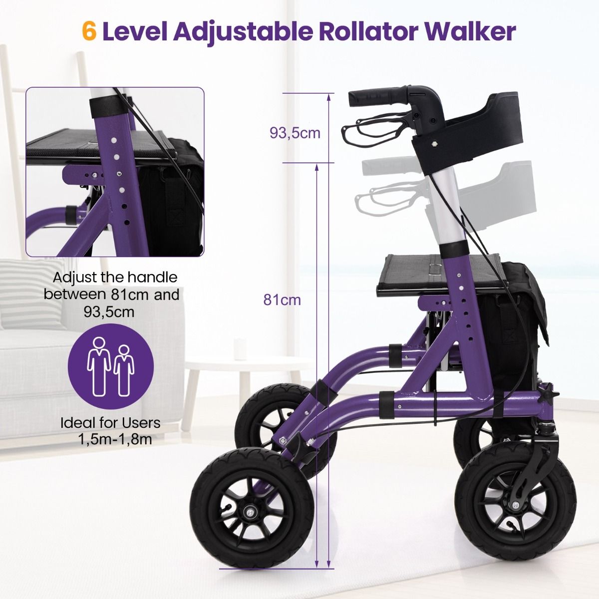 Rollator pliable Coast avec siège - Fauteuil roulant et déambulateur 2-en-1 - Réglable en hauteur sur 6 positions - violet