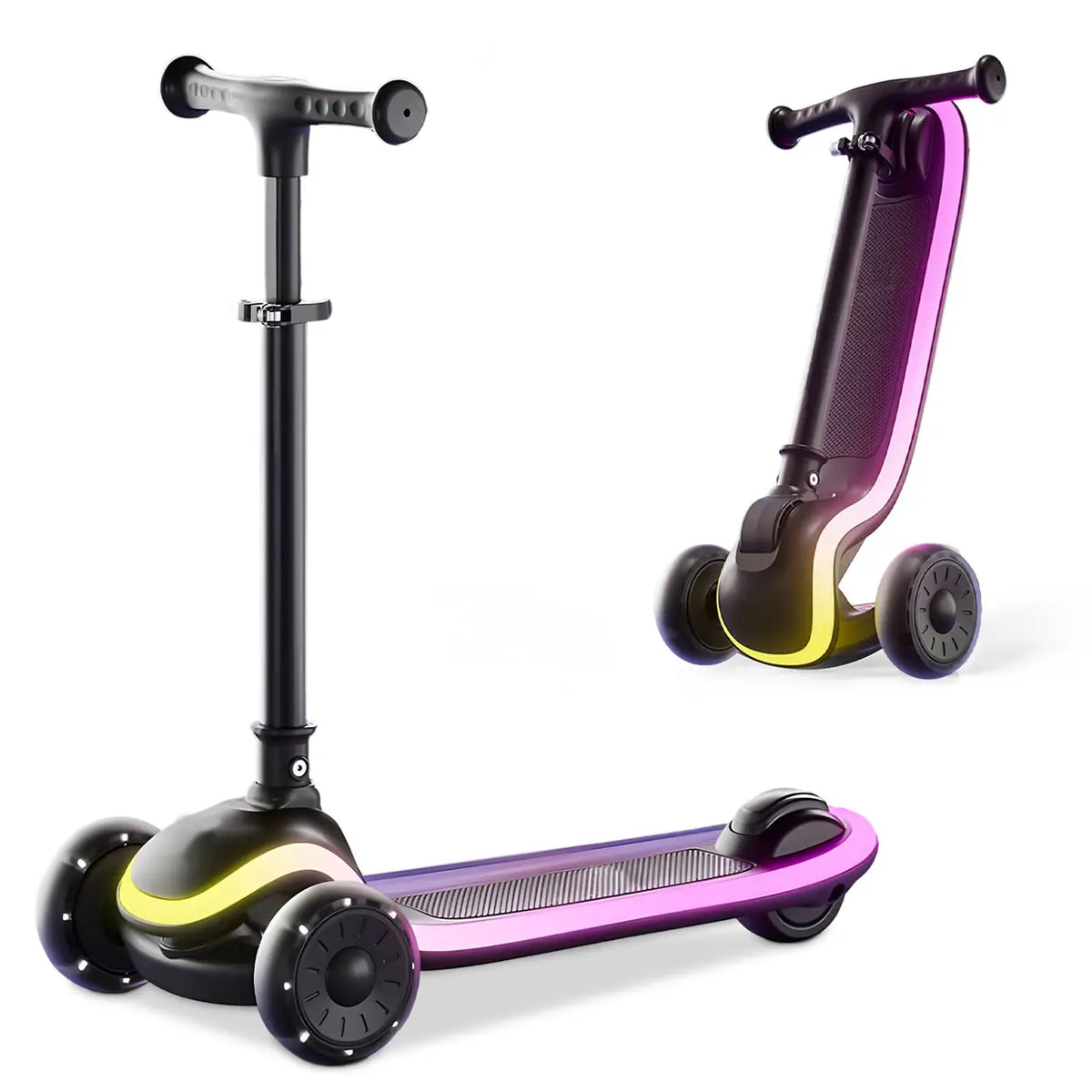 Trottinette pour enfants Neuleb YFQ à 3 roues avec roues à LED - Pliable - Noire