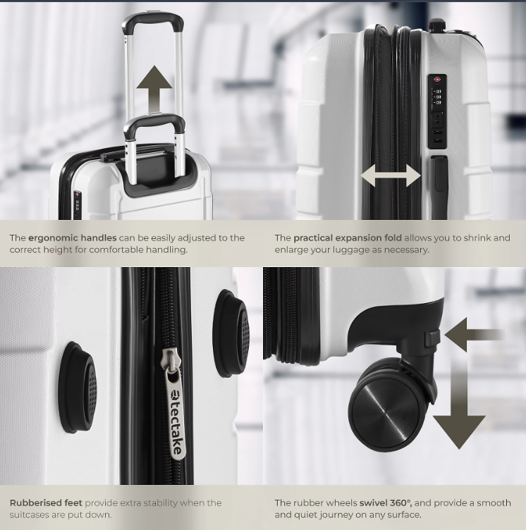 Ensemble de valises Tectake Brice, 3 pièces – L, M et S – ABS – Roulettes à 360° – Cadenas TSA – Blanc