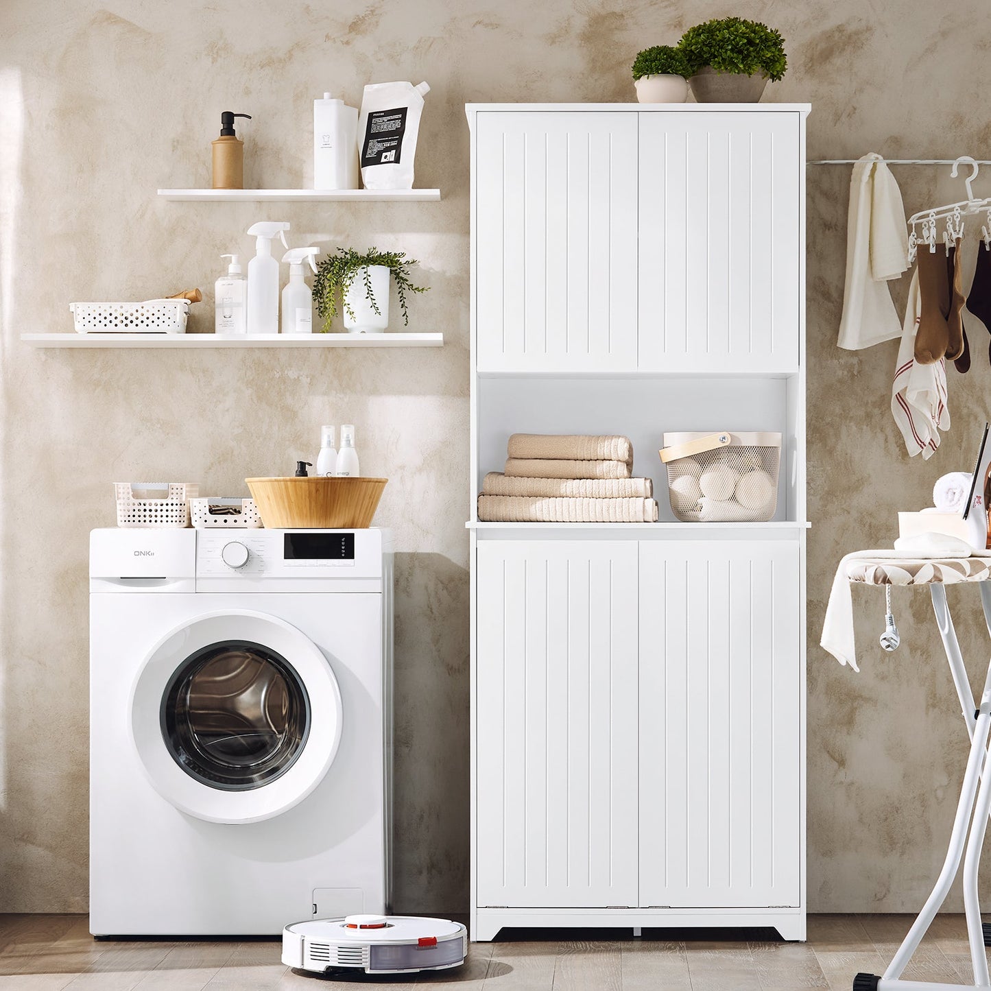 SoBuy BZR150-W Armoire de toilette haute avec sac à linge - Blanc - 70x37x170 cm