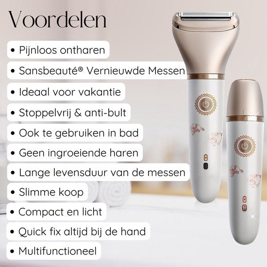 Sansbeauté® Rasoir féminin 2-en-1 - électrique - visage, aisselles et jambes - rechargeable par USB