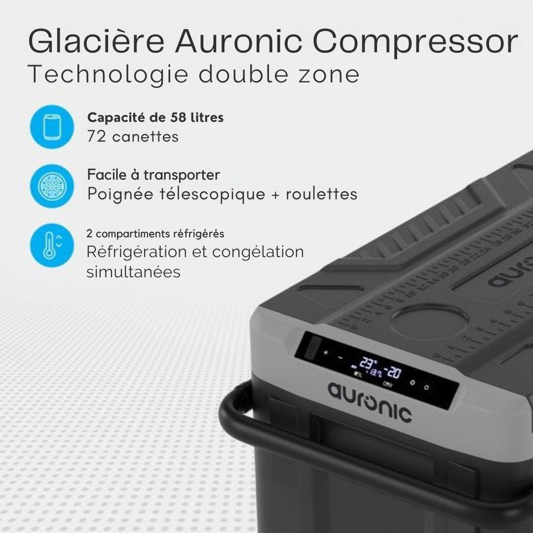Glacière électrique - Auronic - avec compresseur - congélation et réfrigération - capacité 58L - 69,2 x 45,3 x 58 cm - gris